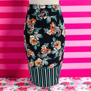 Miss Kerve Floral‎ Pencil Skirt 10 High Waist Navy Blue Rose Print Striped Hem